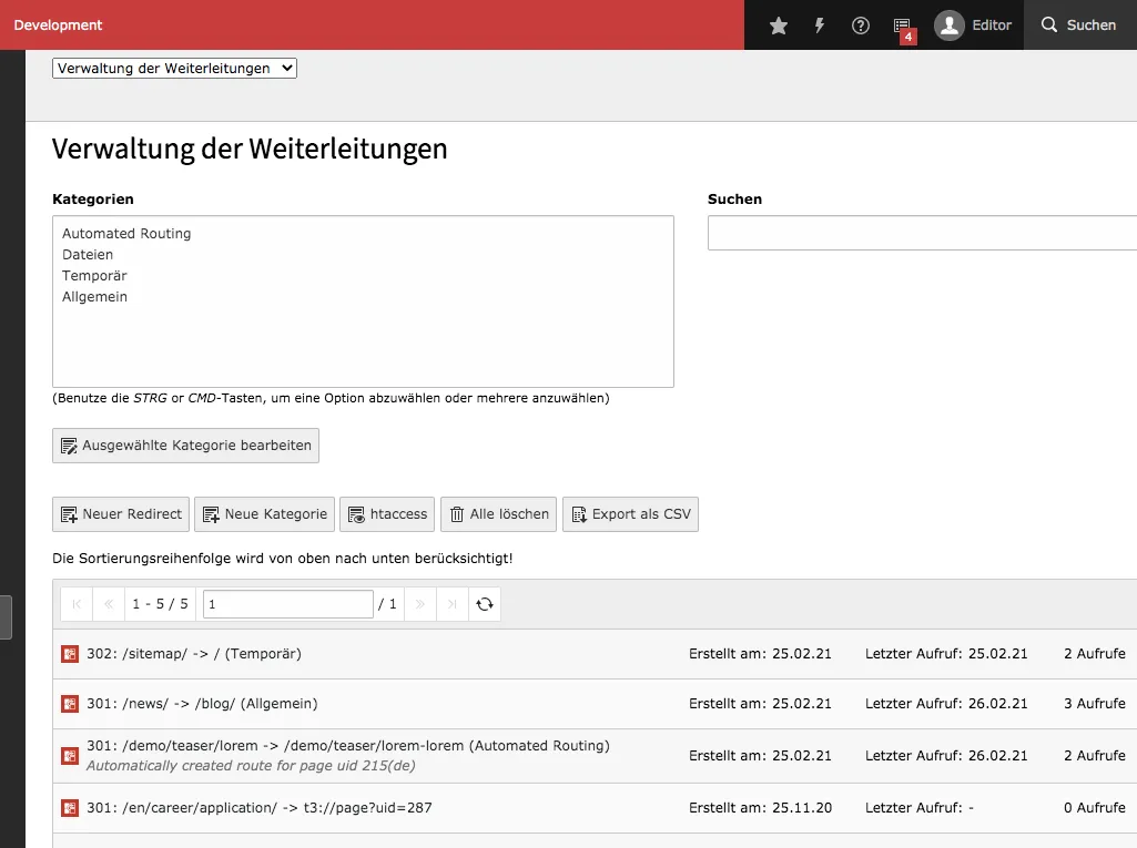 TYPO3 Backend Modul Weiterleitungen