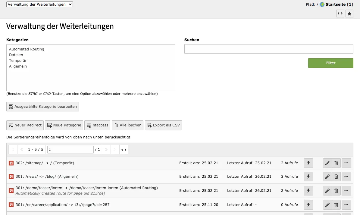 TYPO3 Backend Modul Weiterleitungen Verwaltung der Weiterleitungen