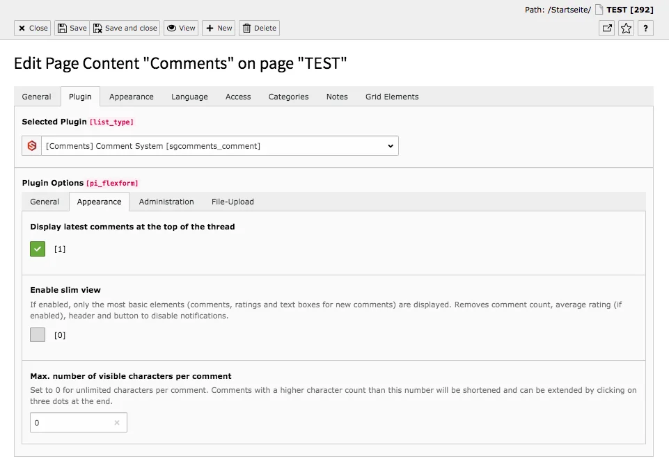 TYPO3 Content Elements Plugins Comments Backend Tab Plugin Appearance
