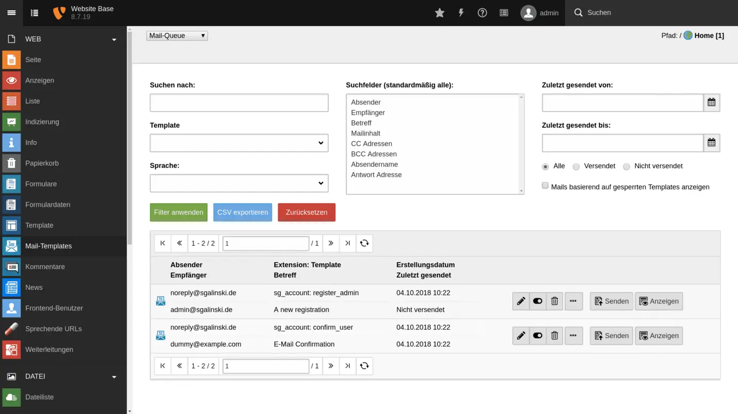 TYPO3 Modul Mail-Templates Funktionsbereich Mail-Queue