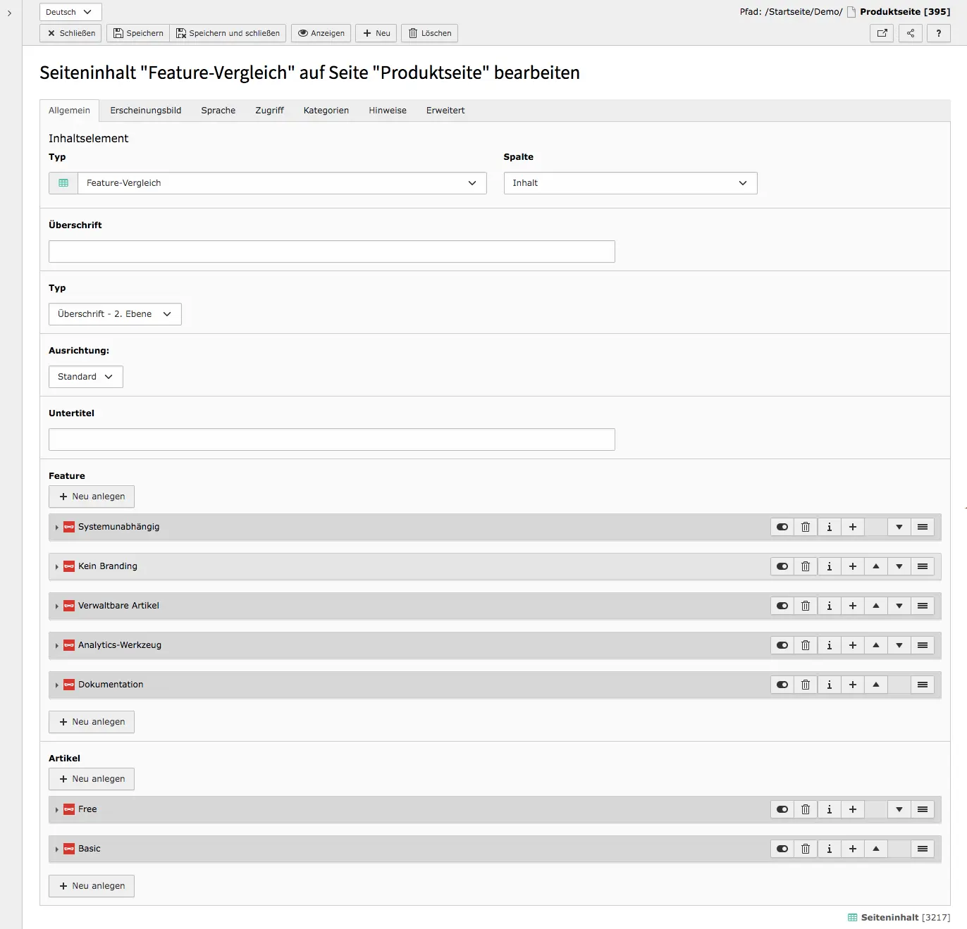 TYPO3 Backend Inhaltselement Mask Element Feature-Vergleich Reiter Allgemein