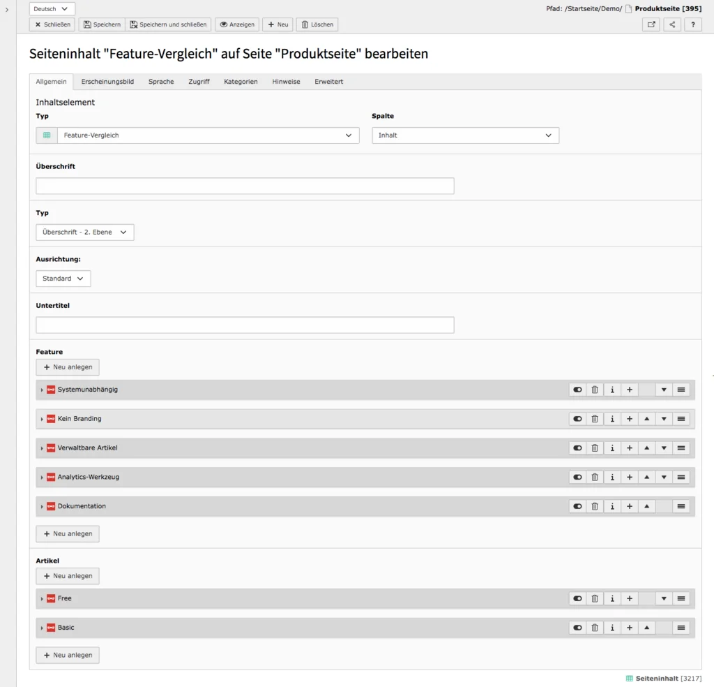 TYPO3 Backend Inhaltselement Mask Element Feature-Vergleich Reiter Allgemein
