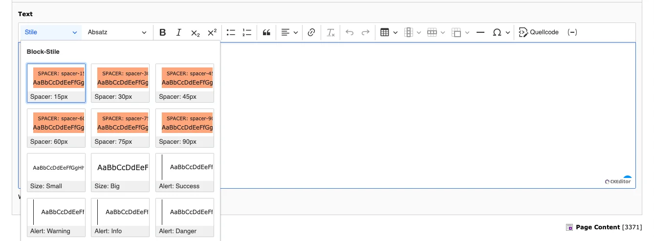 TYPO3 CKEditor Rich Text Editor Block-Stile Backend