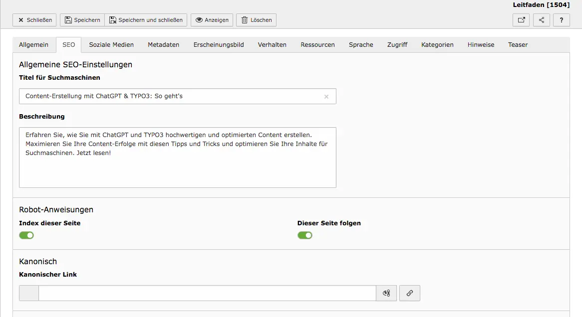 TYPO3 Seiteneigenschaften Tab SEO
