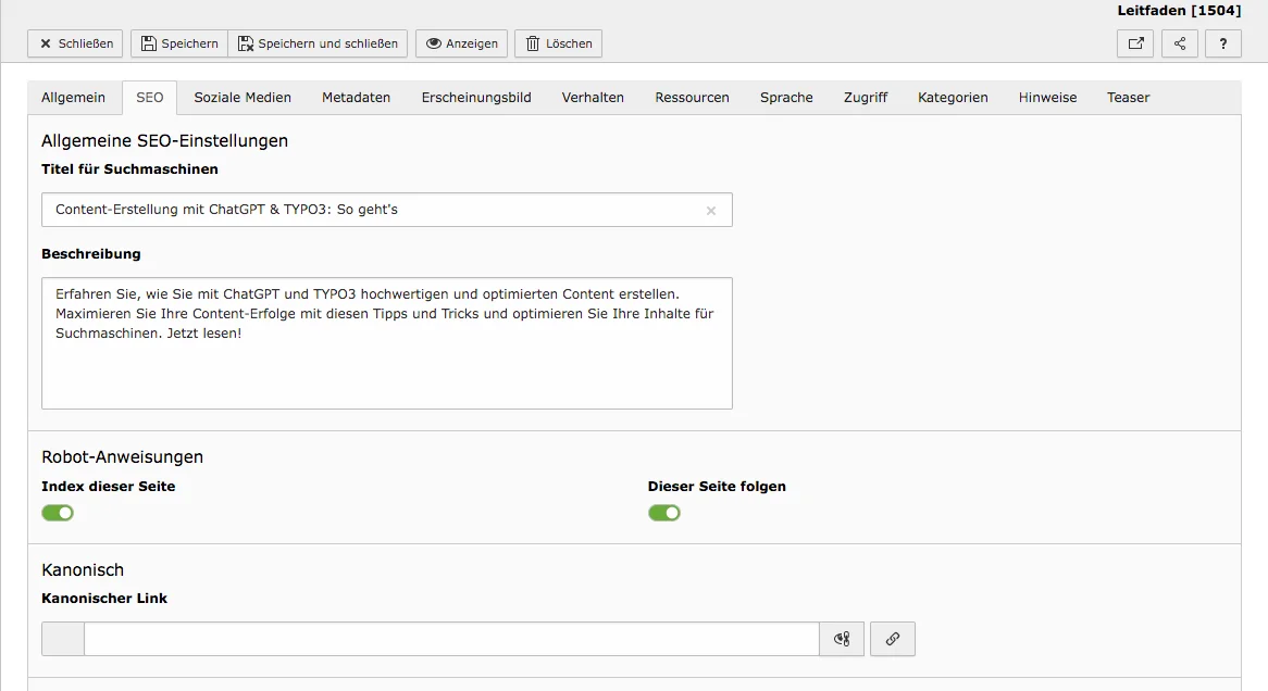 TYPO3 Seiteneigenschaften Tab SEO