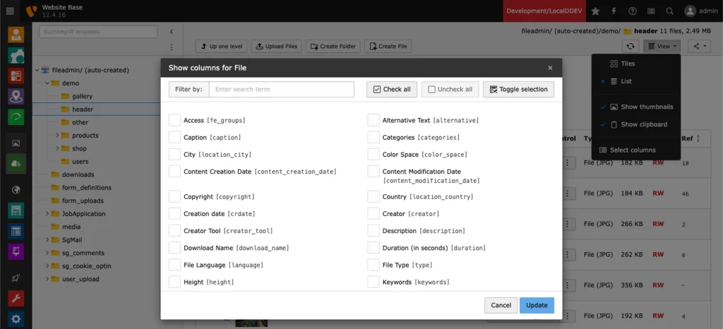 TYPO3 Filelist Select columns