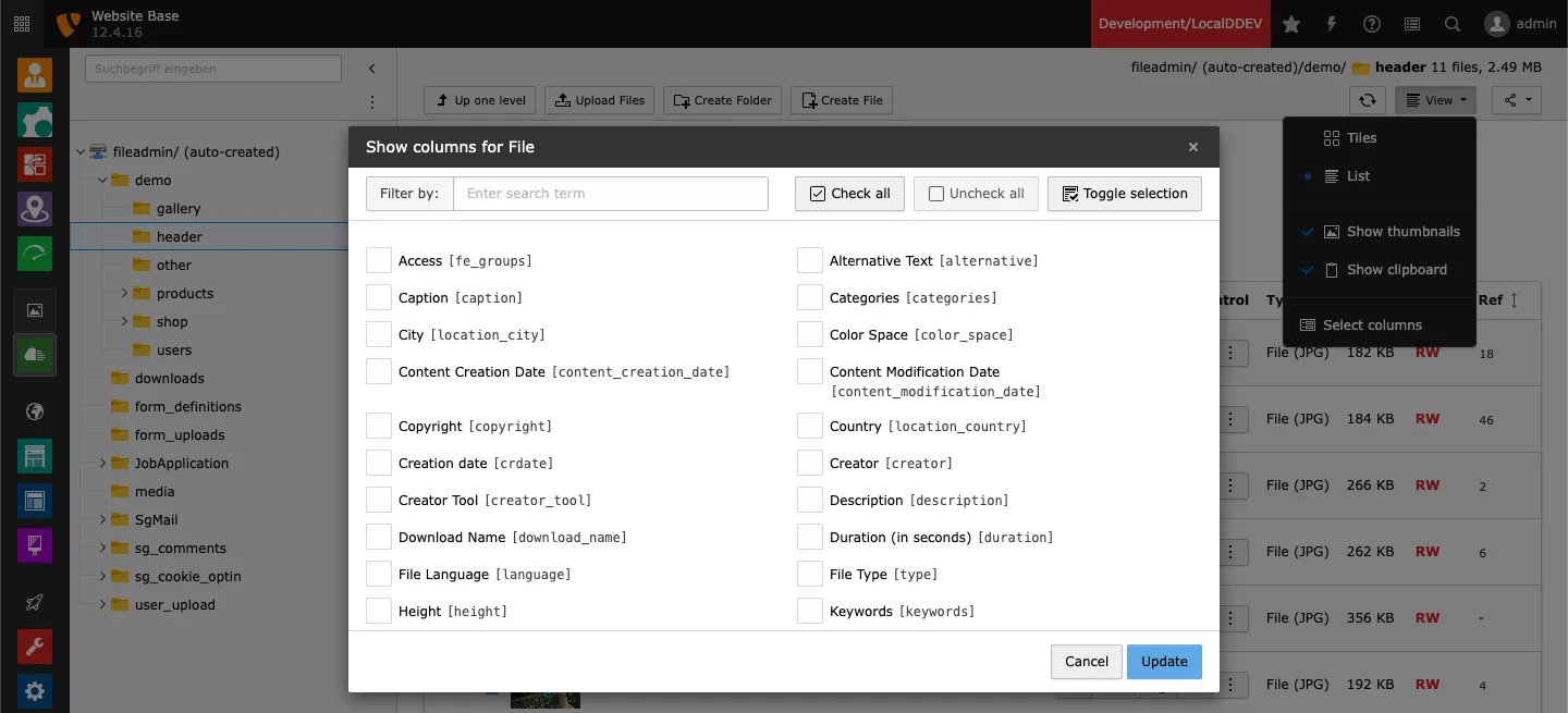 TYPO3 Filelist Select columns