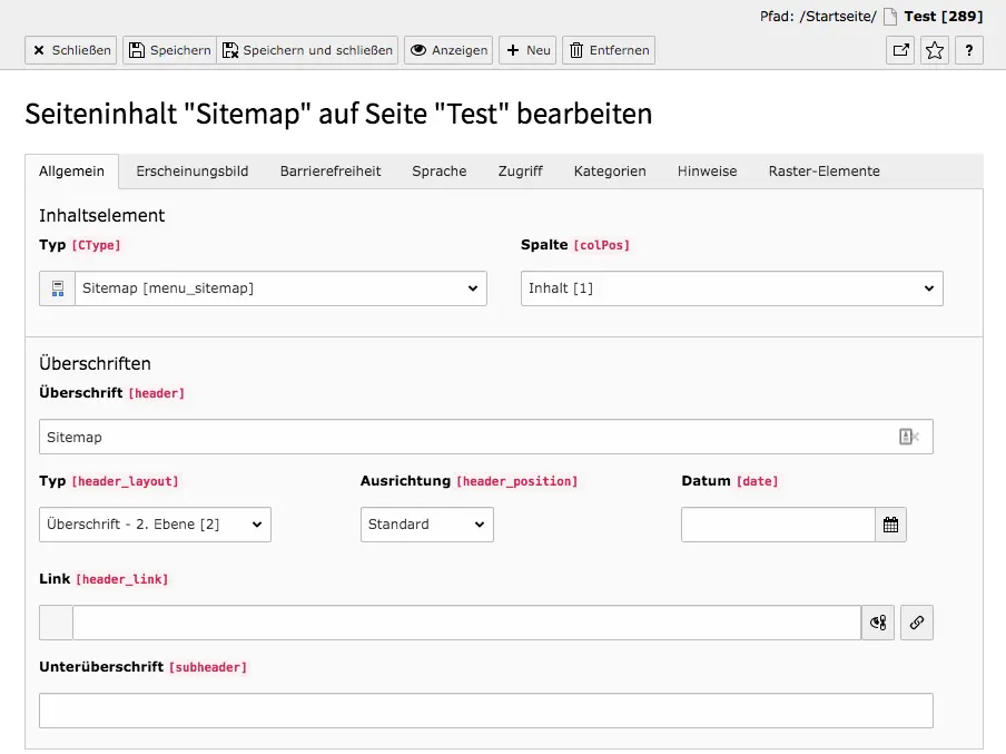 TYPO3 Inhaltselement Sitemap Reiter Allgemein