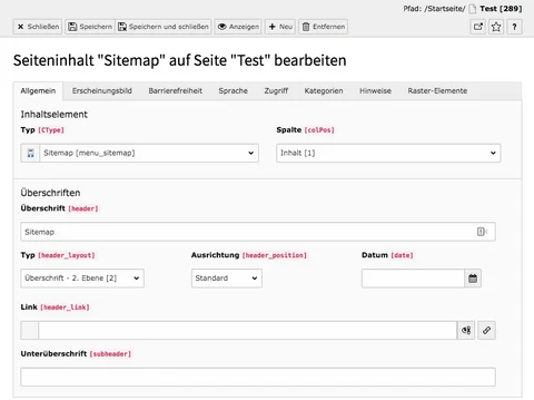 TYPO3 Inhaltselement Sitemap Reiter Allgemein
