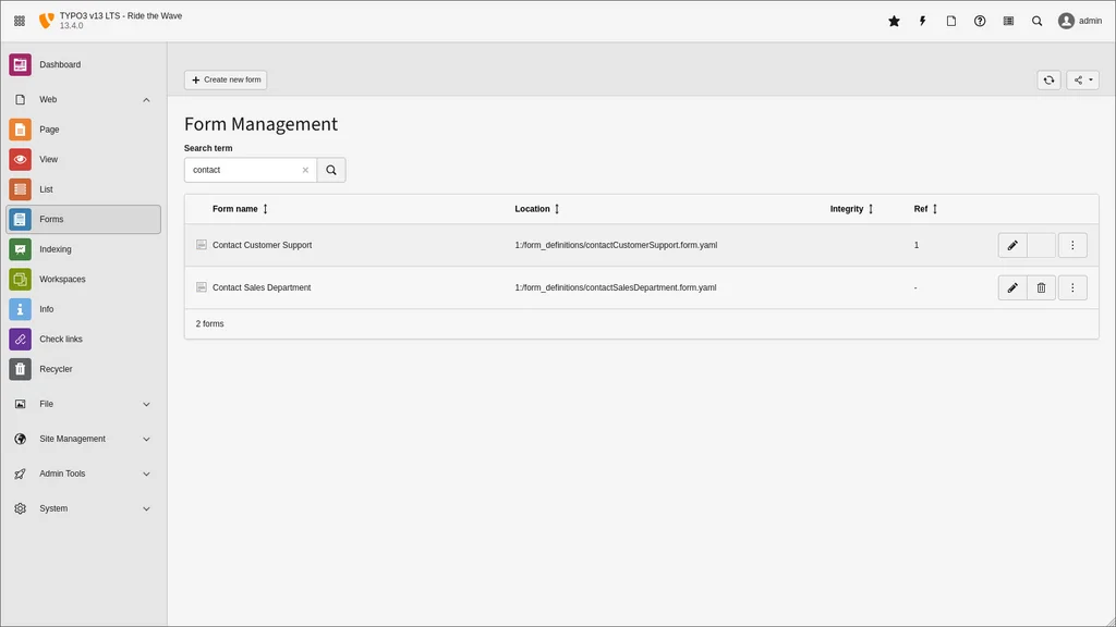 TYPO3 form search in the backend