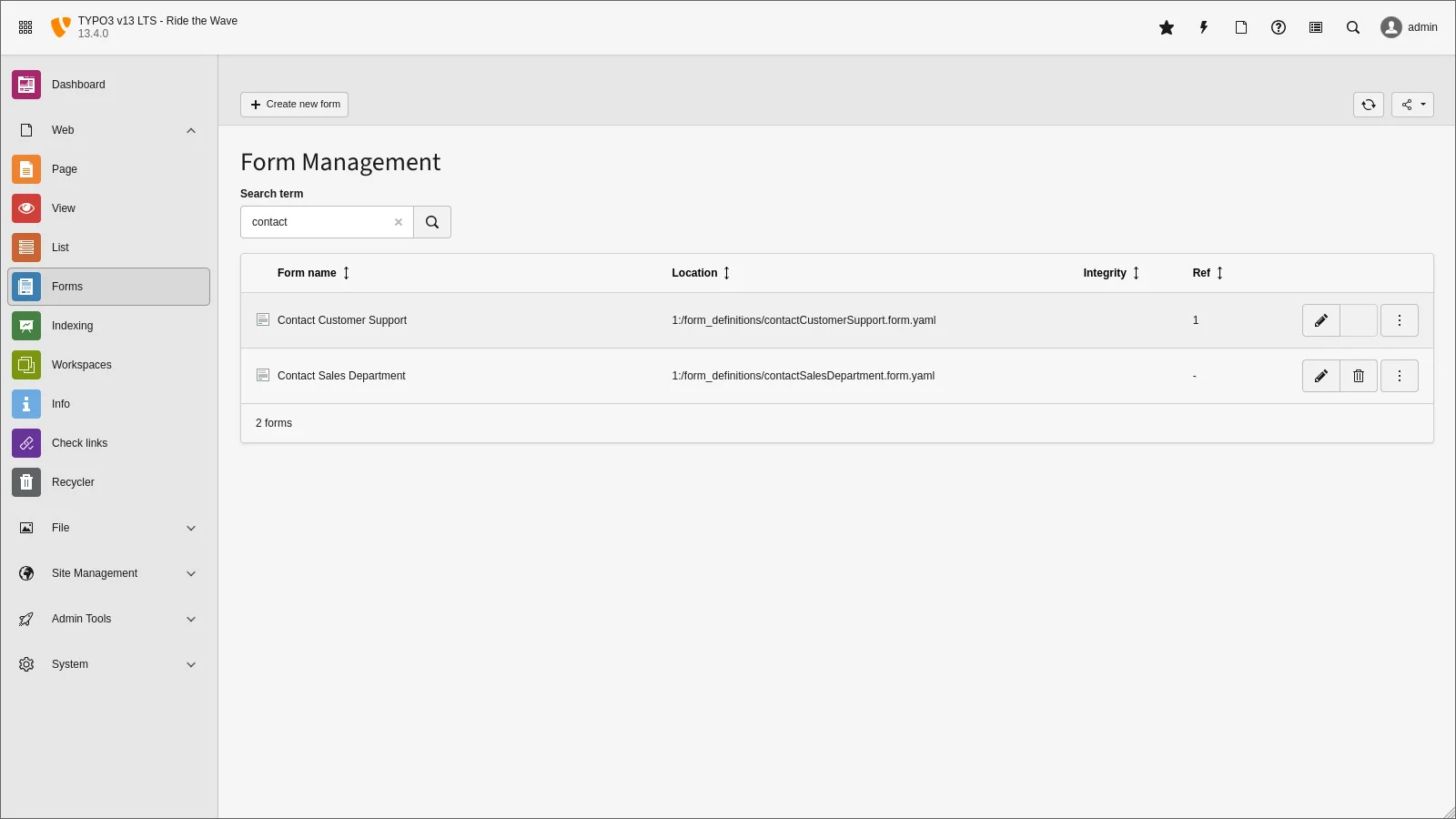 TYPO3 form search in the backend
