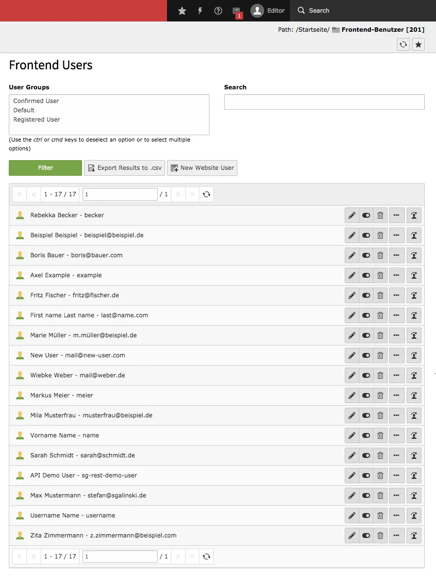 TYPO3 Backend Module Frontend User List of Account Overview
