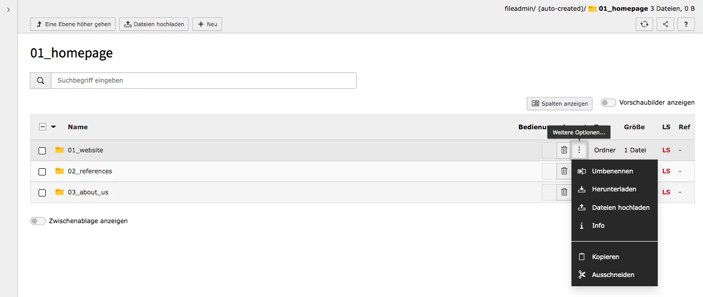 TYPO3 Module Filelist Folder options