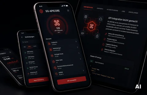 Drei Smartphones und Tablet mit SG-API-CORE-App: API-Verbindungen, 128 Endpoints, Analysen und Integrationen.