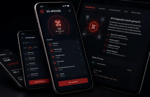 Drei Smartphones und Tablet mit SG-API-CORE-App: API-Verbindungen, 128 Endpoints, Analysen und Integrationen.
