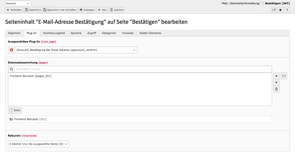 TYPO3 Account Inhaltselemente Bestätigung der E-Mail-Adresse Backend Reiter Plug-In