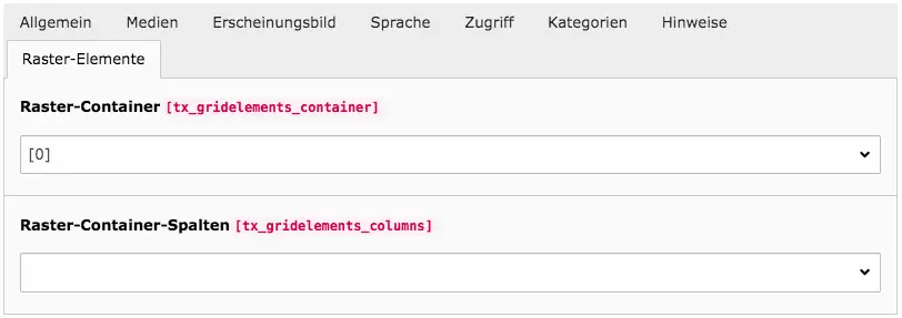 TYPO3 Inhaltselement Reiter Raster-Elemente