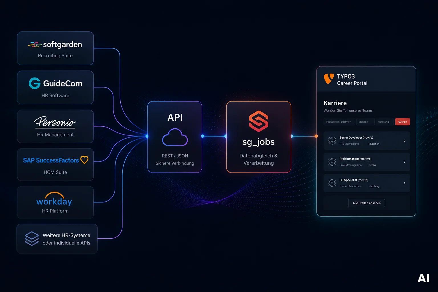 Diagramm: HR-Systeme verbinden sich via API mit sg_jobs und TYPO3 Career Portal.