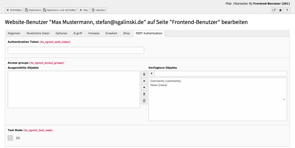 TYPO3 Backend Modul Frontend-Benutzer Benutzer bearbeiten Reiter REST Authentication