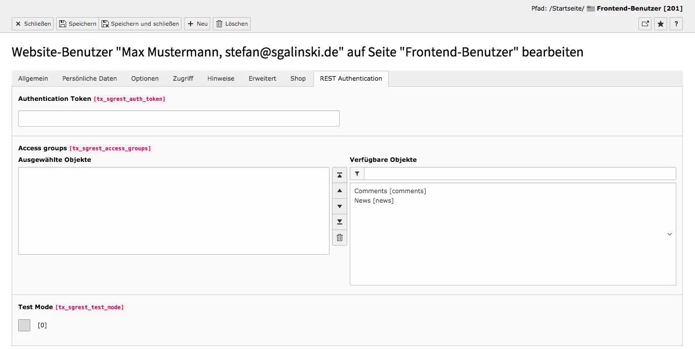 TYPO3 Backend Modul Frontend-Benutzer Benutzer bearbeiten Reiter REST Authentication
