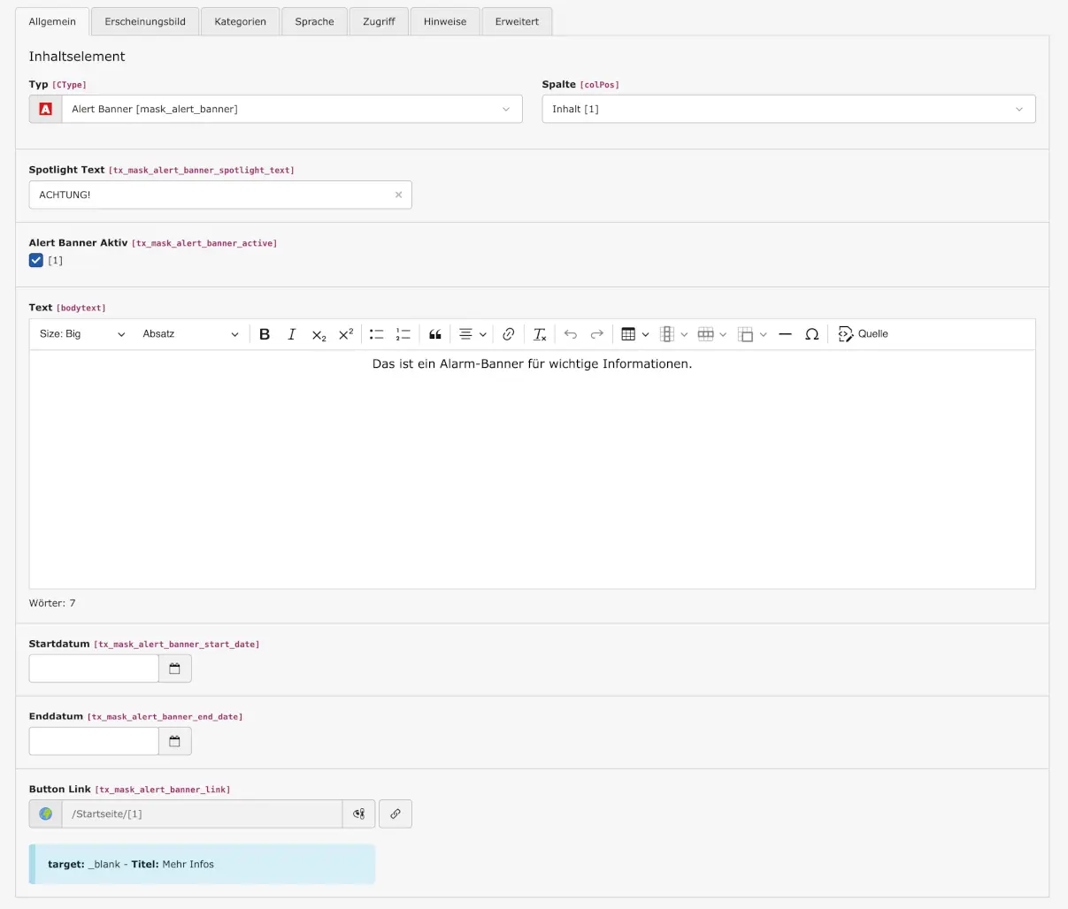 TYPO3 settings for the ‘Alert Banner’ mask element