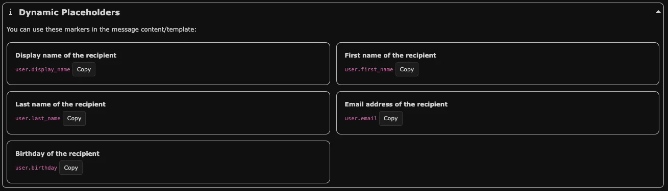 Dark UI panel listing dynamic placeholders for recipient data: display name, first/last name, email, birthday with copy buttons.