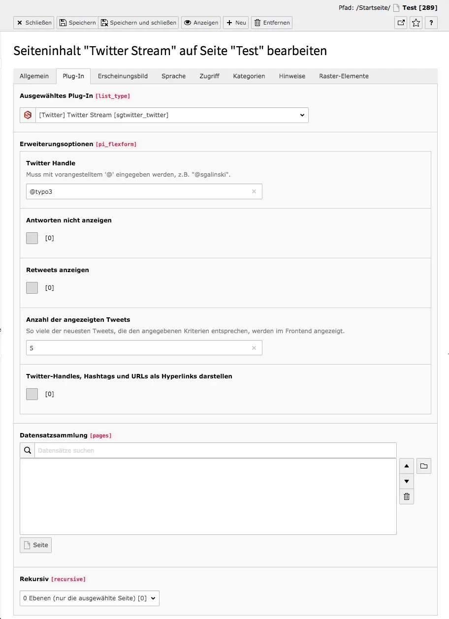 TYPO3 Inhaltselement Twitter Stream Reiter Plugin
