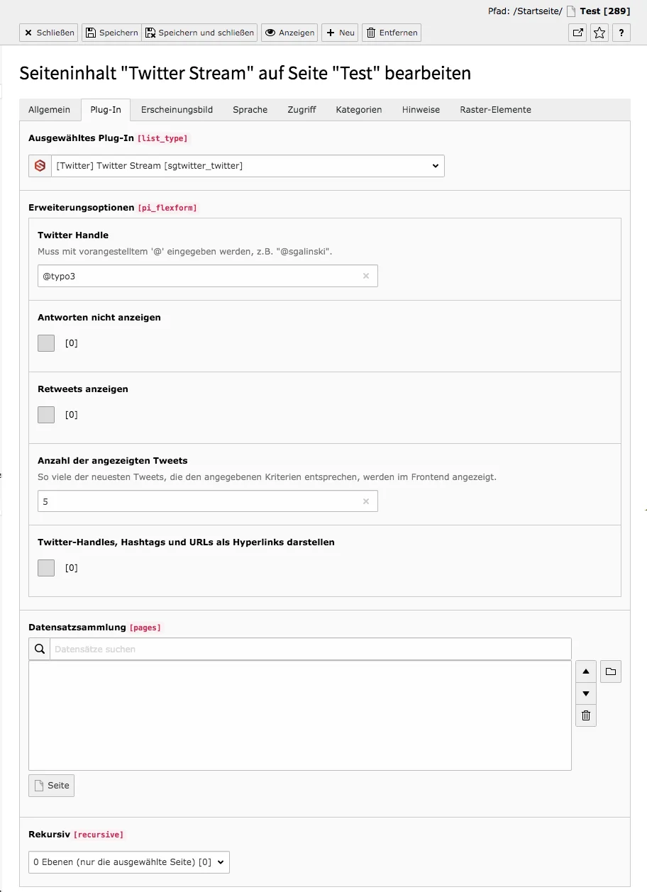 TYPO3 Inhaltselement Twitter Stream Reiter Plugin