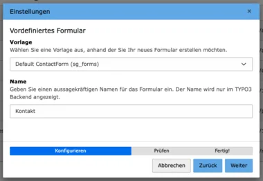 TYPO3 Modul Formulare Vordefiniertes Formular erstellen Einstellungen