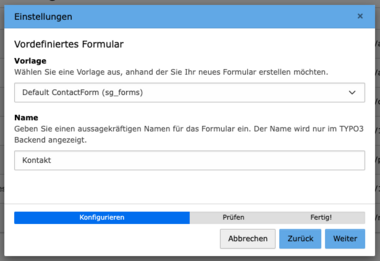 TYPO3 Modul Formulare Vordefiniertes Formular erstellen Einstellungen