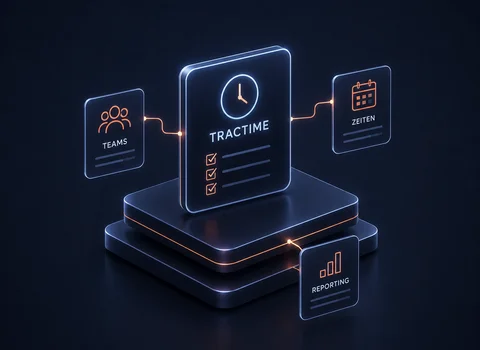 3D neon interface of Tractime app connected to Teams, Zeiten, and Reporting modules on dark background.