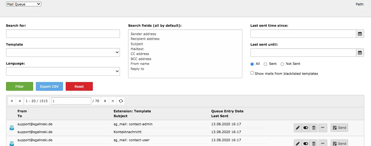 TYPO3 Module Mail Templates Functional Area Mail Queue