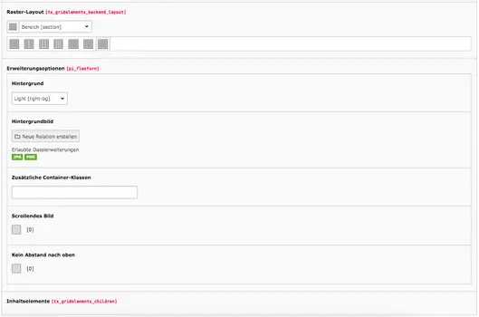 TYPO3 Inhaltselement Raster-Element Bereich Backend Reiter Allgemein Erweiterungsoptionen