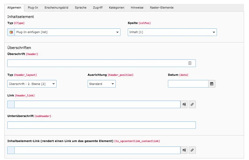 TYPO3 Inhaltselement Plug-In Backend Reiter Allgemein