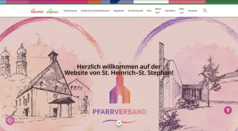 St. Heinrich-St. Stephan parish website welcome page with colorful church illustrations and navigation.