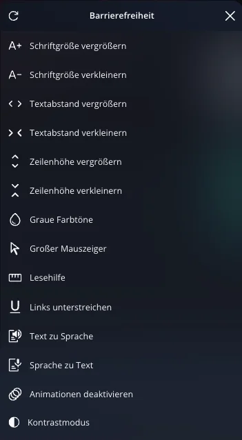 Barrierefreiheitsmenü mit Optionen für Schriftgröße, Abstände, Kontrast und Sprachausgabe.