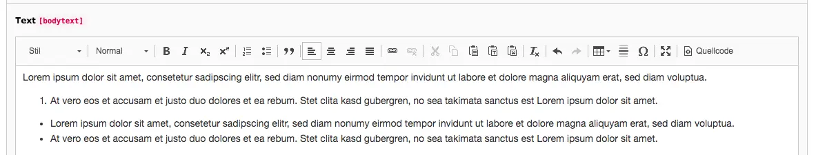 TYPO3 Rich Text Editor Liste Nummerierte Liste Backend