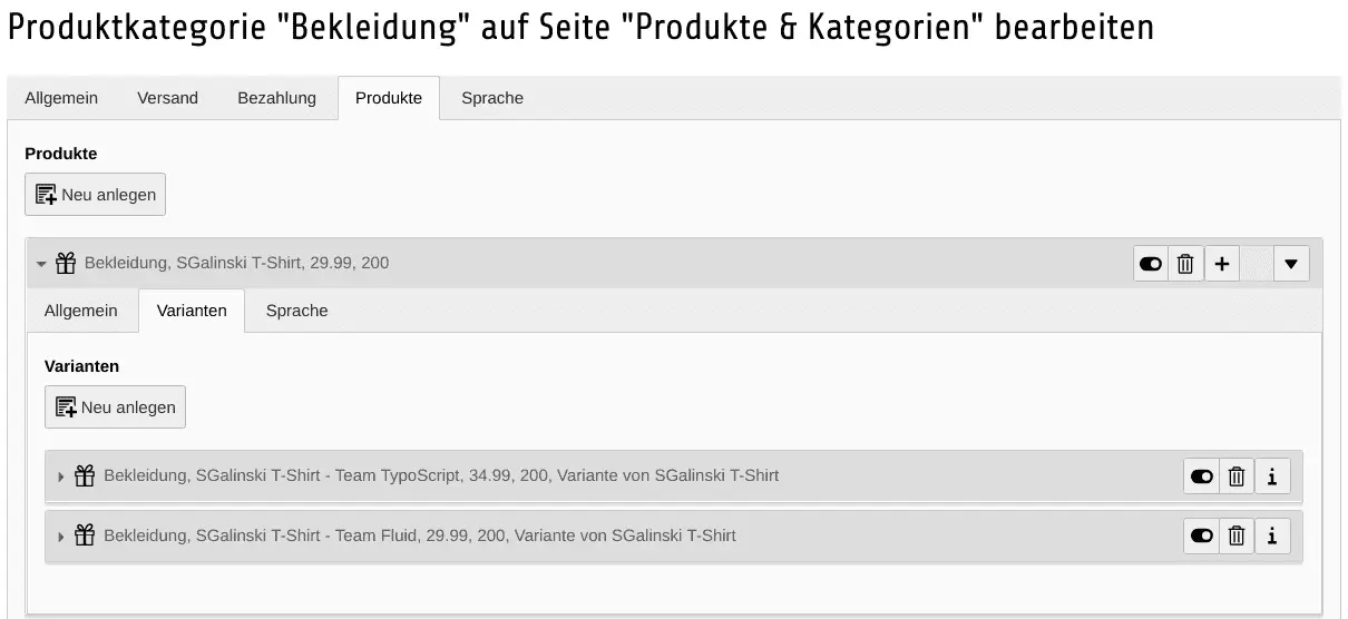 TYPO3 Shop Backend Module List Edit Product