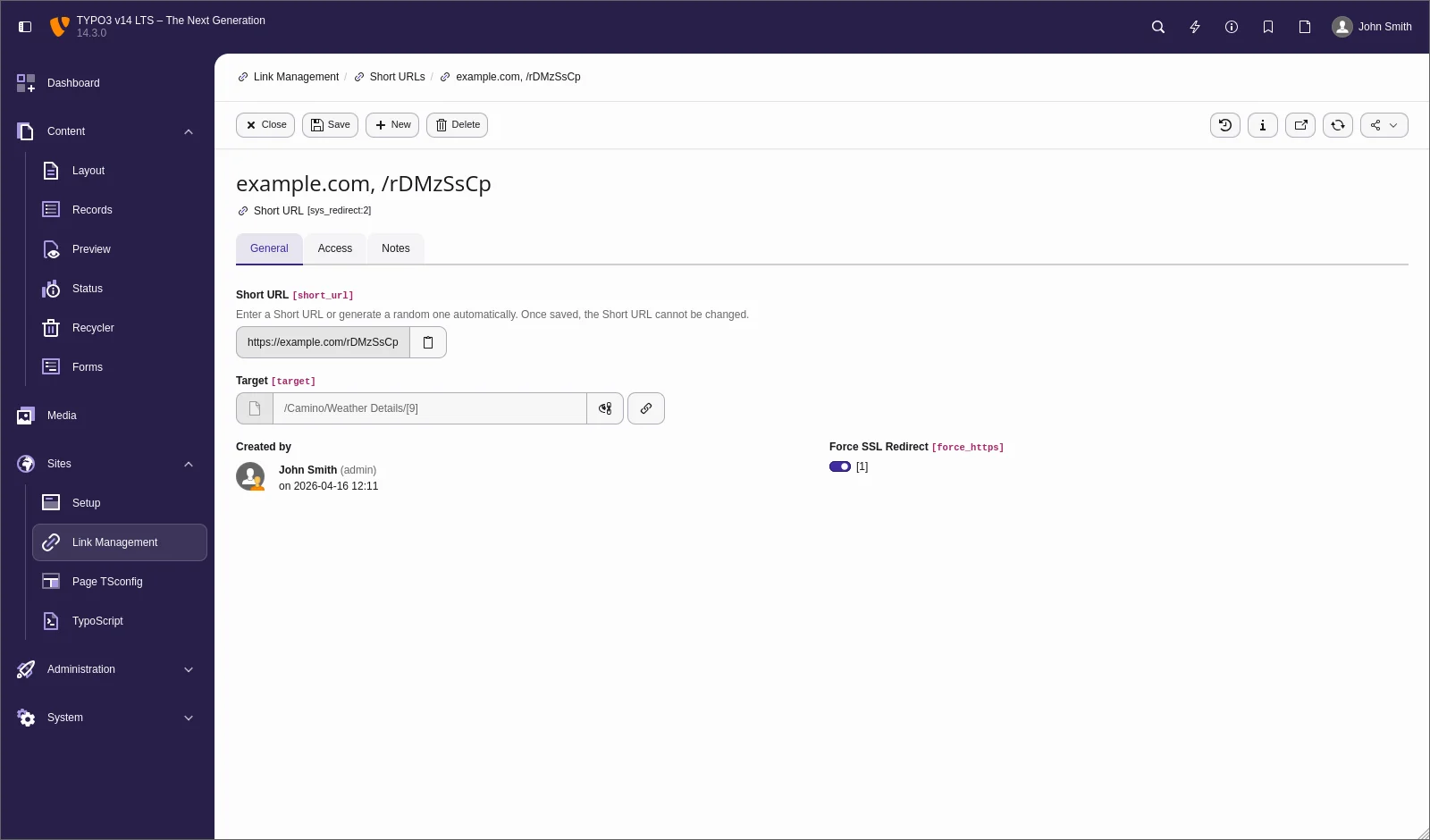 Kurz-URL mit Ziel und Ablaufdatum im Link-Management von TYPO3 v14.