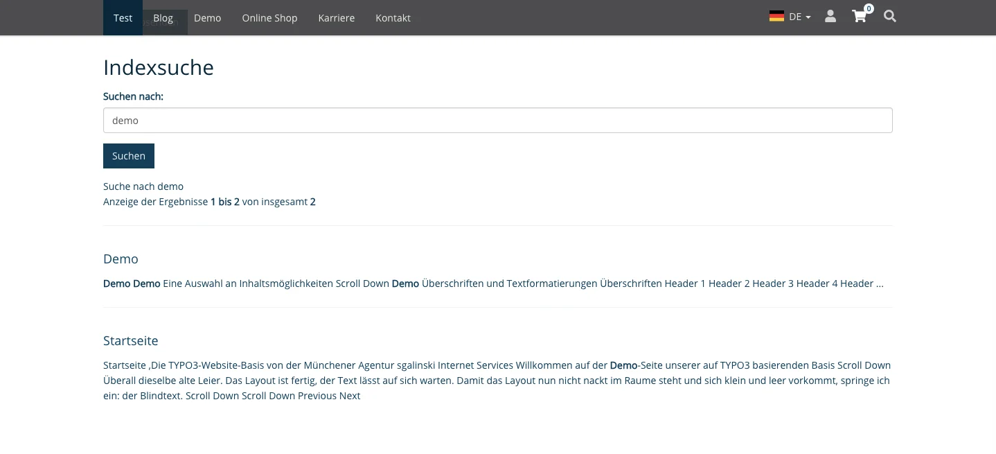 TYPO3 Inhaltselement Formulare Indexsuche Frontend 