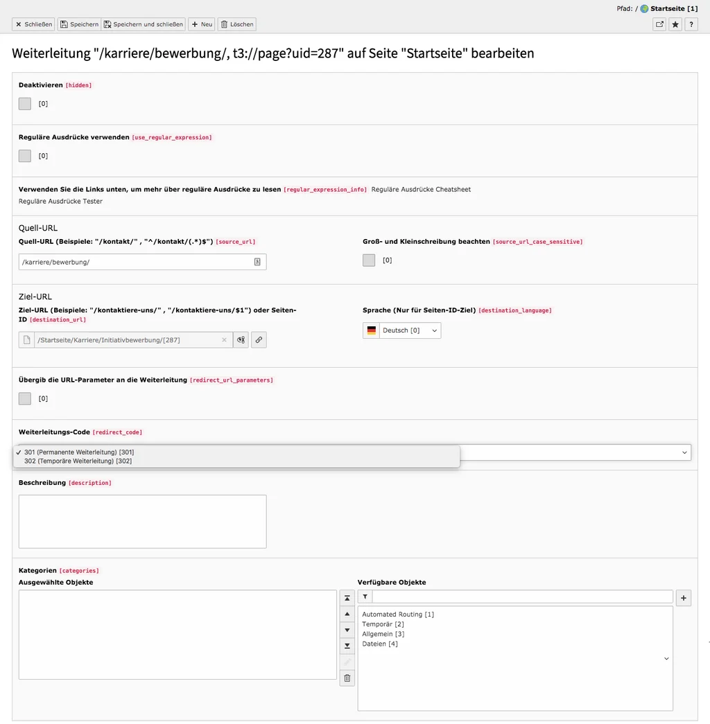 TYPO3 Backend Modul Weiterleitungen Weiterleitung bearbeiten