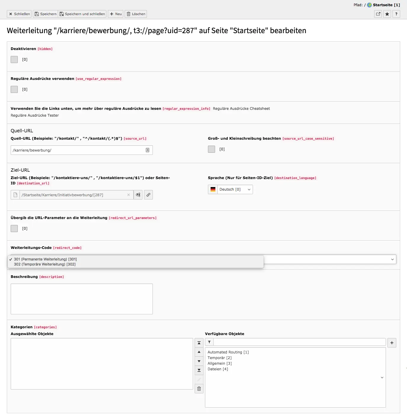 TYPO3 Backend Modul Weiterleitungen Weiterleitung bearbeiten