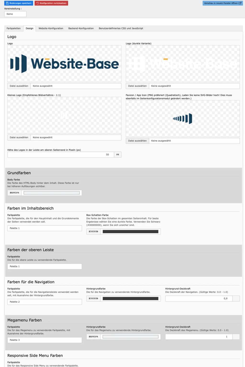 TYPO3 Modul Website-Konfiguration Tab Design