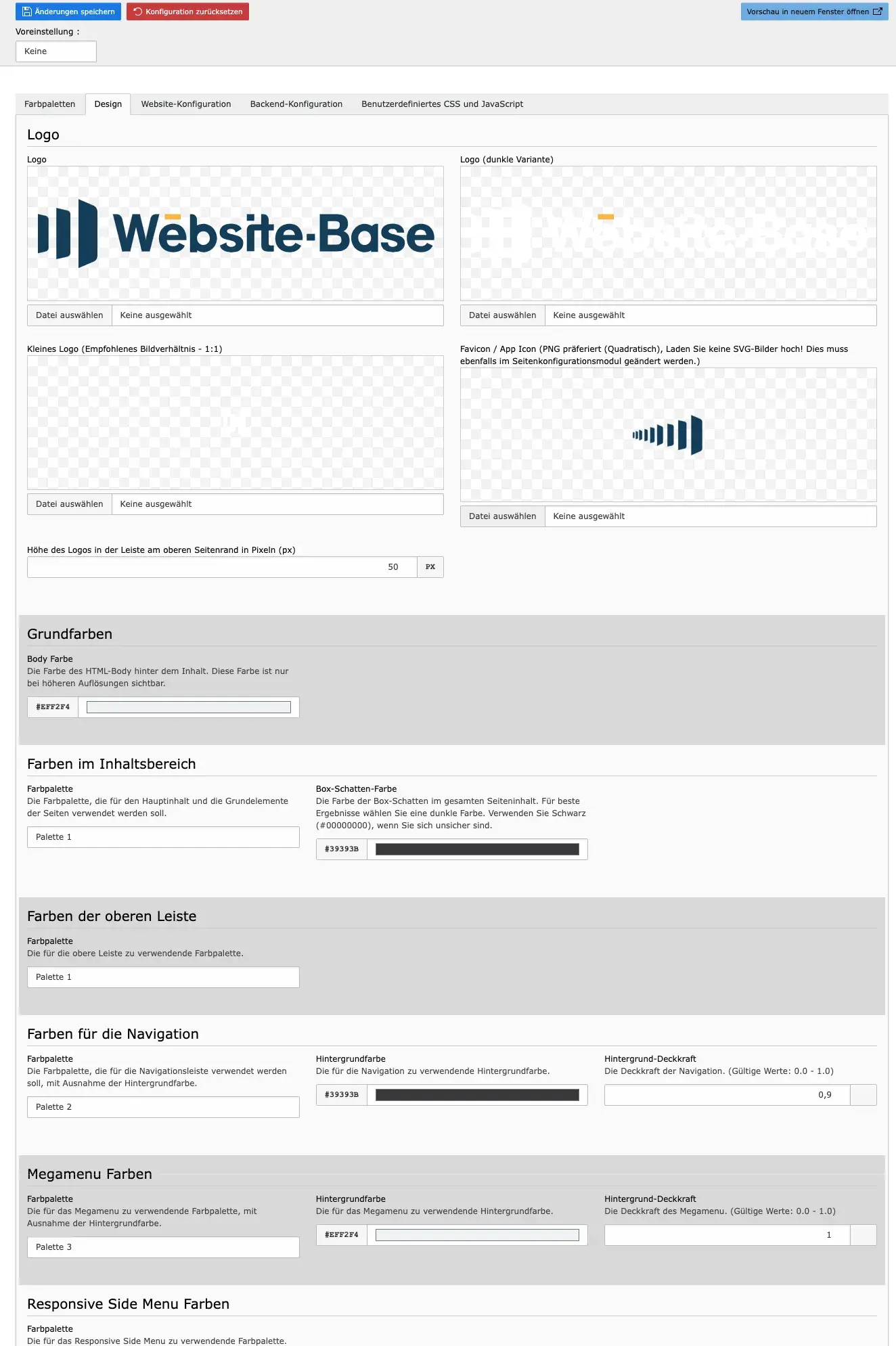 TYPO3 Modul Website-Konfiguration Tab Design