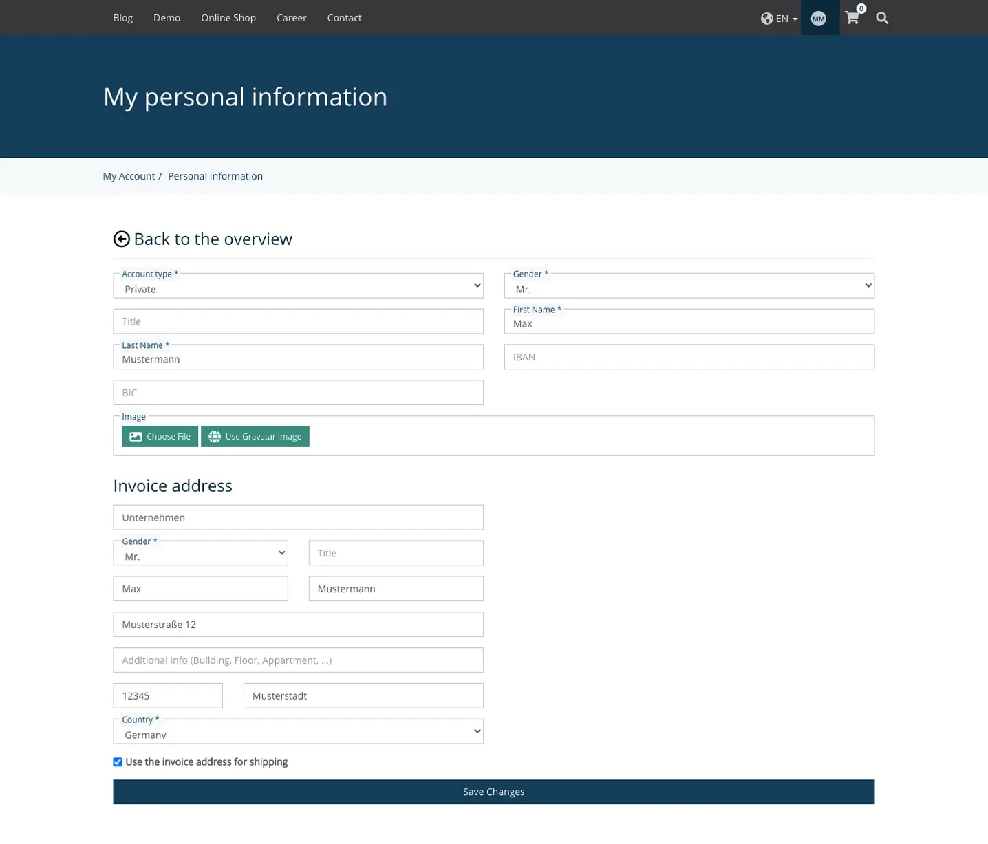 TYPO3 Content Element Edit Account Personal Information Frontend