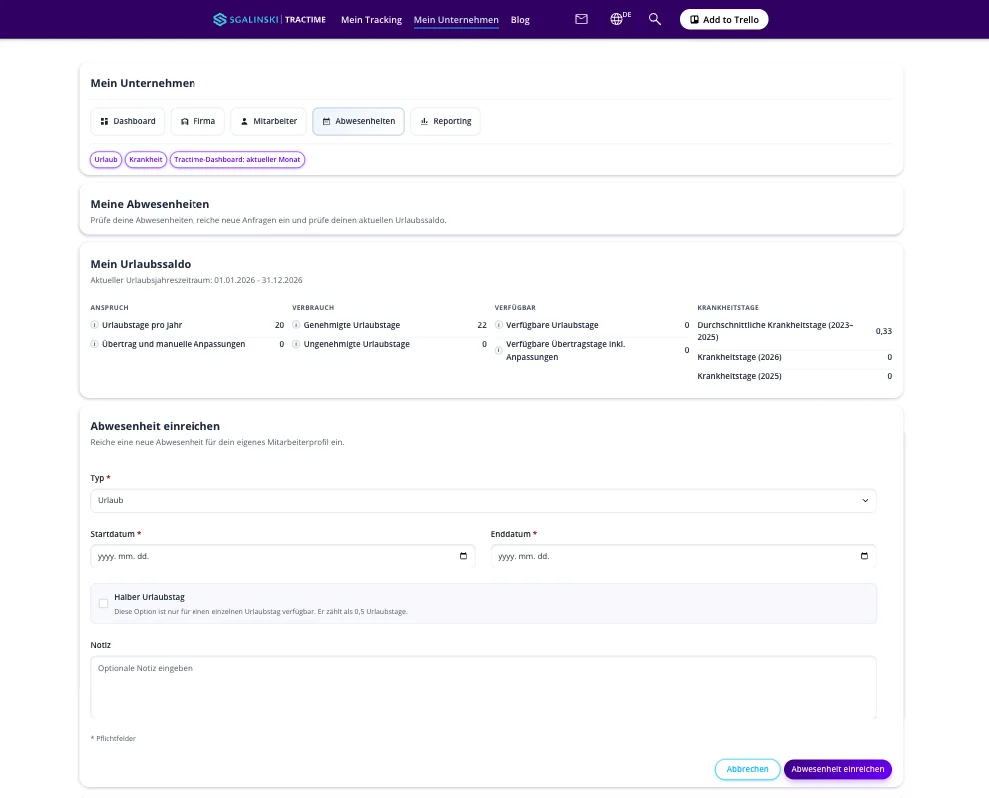 Screenshot of the absence management system showing the holiday balance table and the entry form.