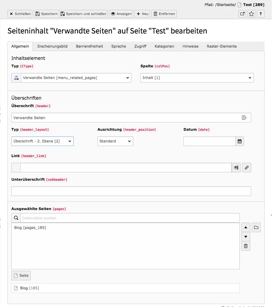 TYPO3 Inhaltselement Menü Verwandte Seiten Reiter Allgemein