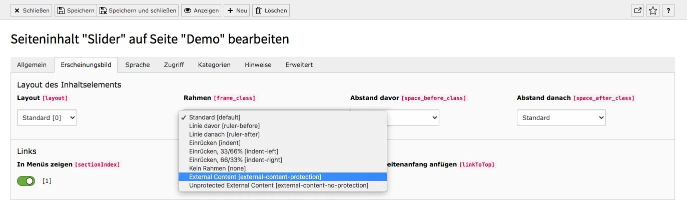 TYPO3 Inhaltselement Reiter Erscheinungsbild Externer Inhalt