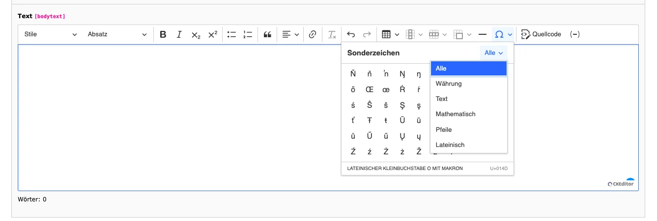 TYPO3 RTE Rich Text Editor Special Characters