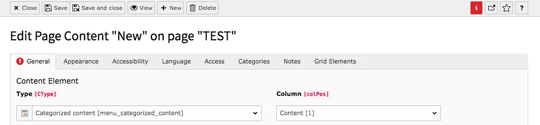 TYPO3 Content Element Menu Categorized Content Backend Warning